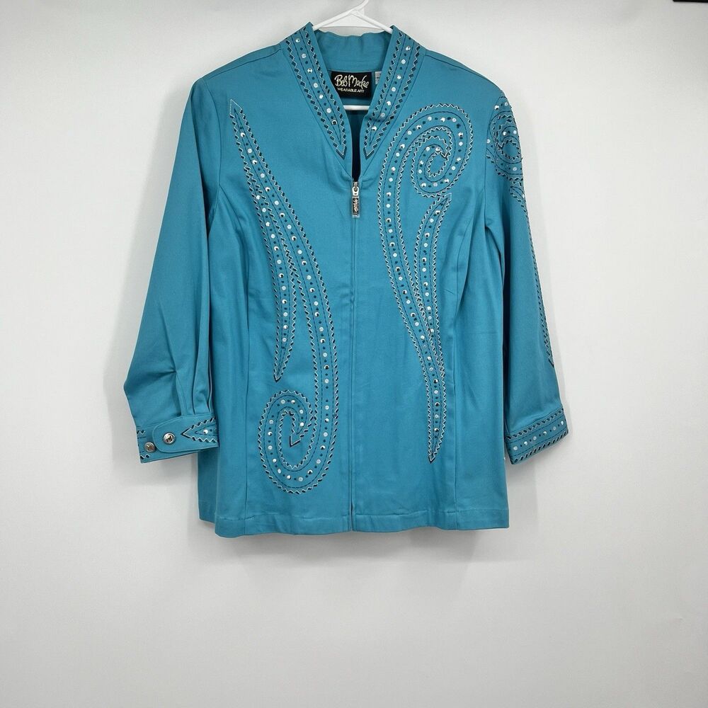 Bob Mackie Blue Embroidered Zip Jacket L Western Boho Bling Art To Wear NWOT